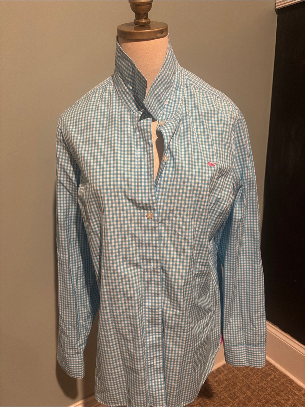 Vineyard Vines Women's Blue Gingham Button-Down Shirt with Pink Whale